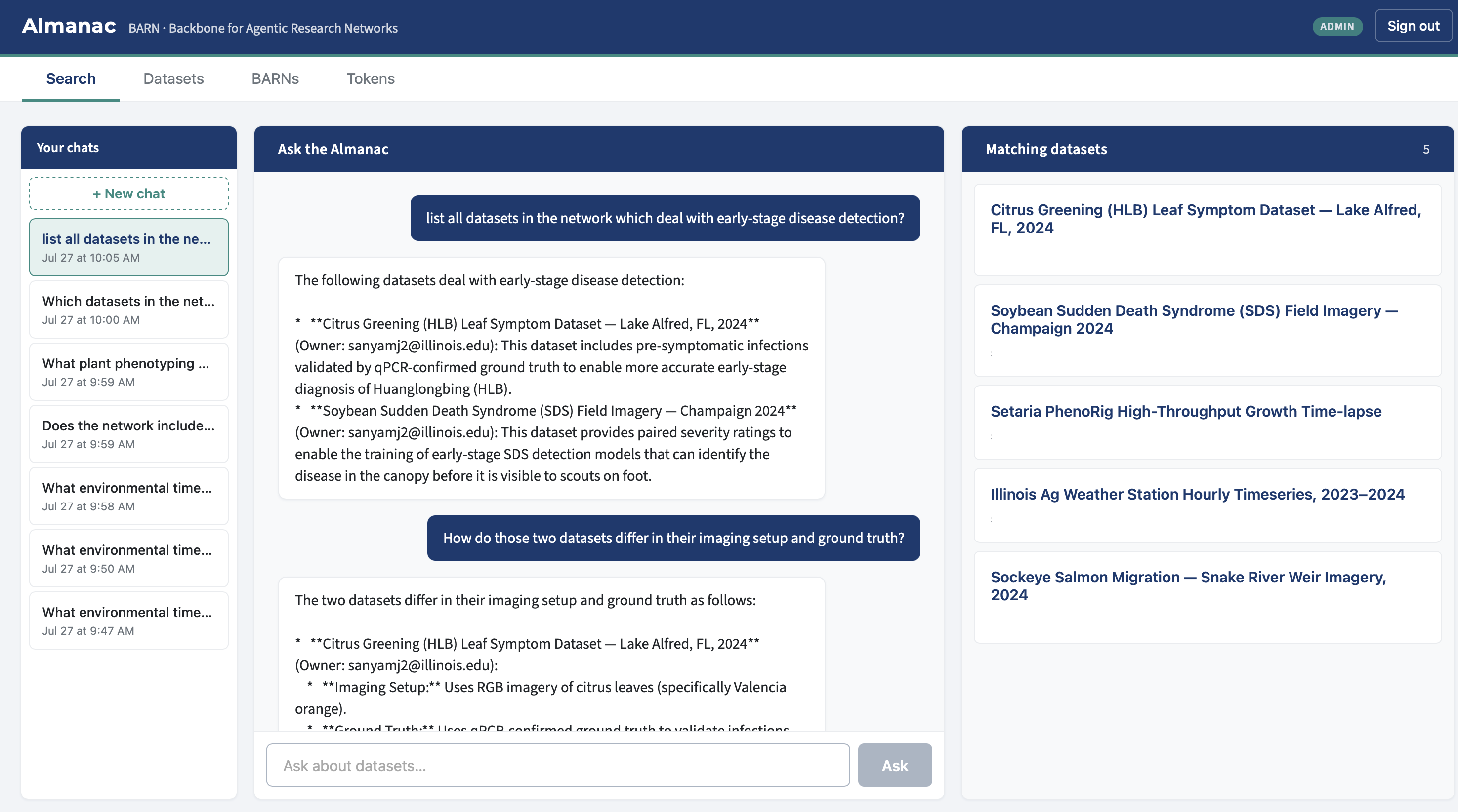 The Almanac search interface: a chat asking for rice datasets, with matching datasets listed alongside.
