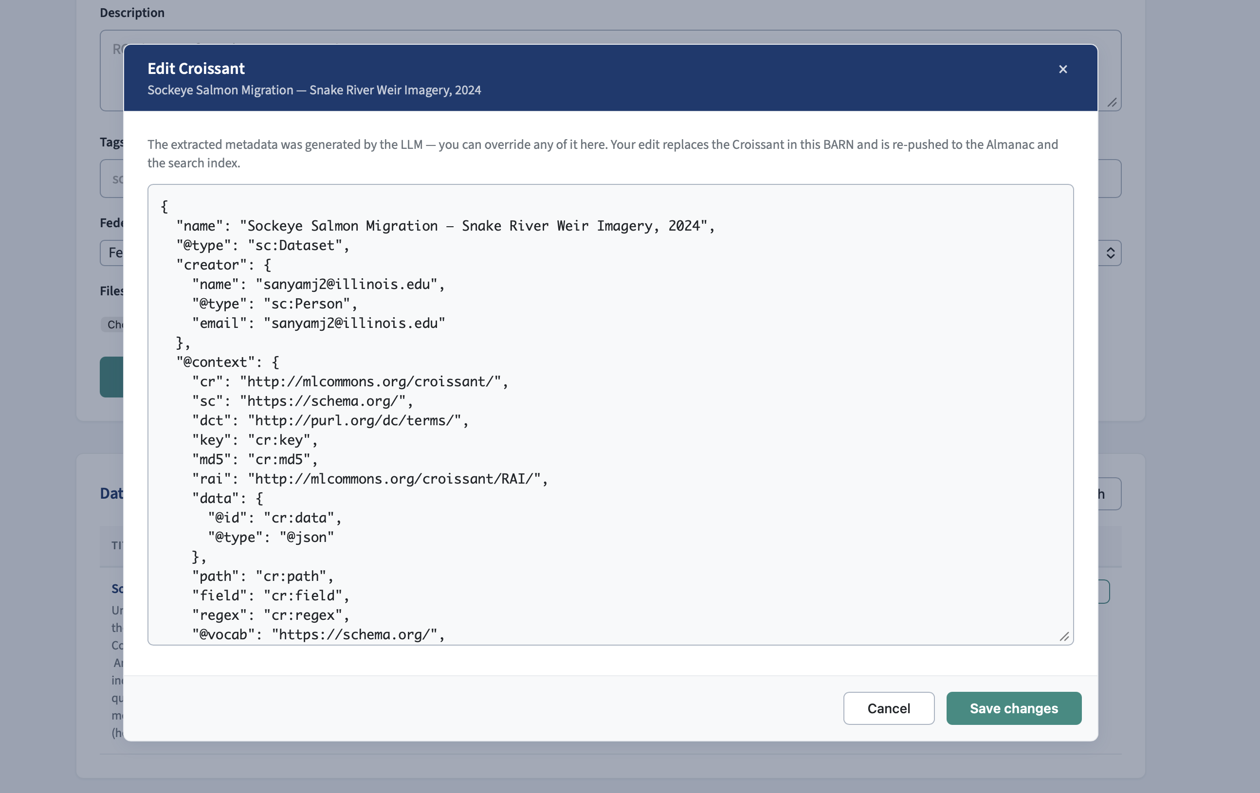 The Edit Croissant dialog showing generated JSON-LD metadata that the data owner can override.